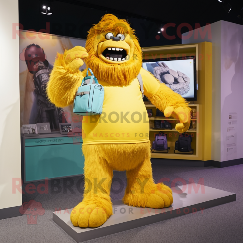 Yellow Sasquatch mascot costume character dressed with a Romper and Handbags Yellow Sasquatch mascot costume character dressed with a Romper and Handbags