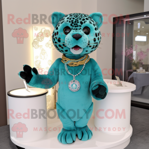 Teal Leopard mascot costume character dressed with a Tank Top and Necklaces