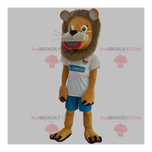 Brun lejonmaskot med en hårig man - Redbrokoly.com