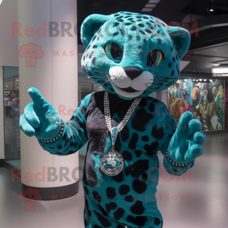 Teal Leopard mascot costume character dressed with a Tank Top and Necklaces