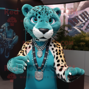 Teal Leopard mascot costume character dressed with a Tank Top and Necklaces