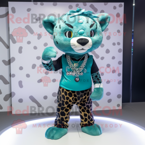 Teal Leopard mascot costume character dressed with a Tank Top and Necklaces