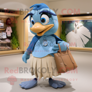 Tan Blue Jay mascot costume character dressed with a Skirt and Handbags