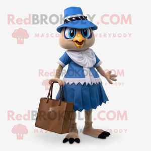 Tan Blue Jay mascot costume character dressed with a Skirt and Handbags