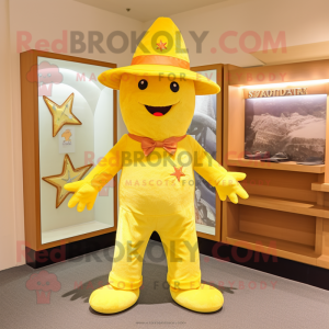 Yellow Starfish mascot costume character dressed with a Henley Tee and Hats