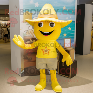 Yellow Starfish mascot costume character dressed with a Henley Tee and Hats