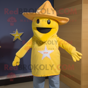 Yellow Starfish mascot costume character dressed with a Henley Tee and Hats