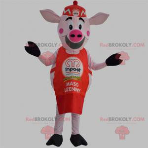 Mascote porco rosa com avental vermelho e boné - Redbrokoly.com