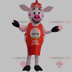 Pink pig mascot with a red apron and a cap - Redbrokoly.com