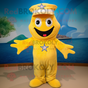 Yellow Starfish mascot costume character dressed with a Henley Tee and Hats