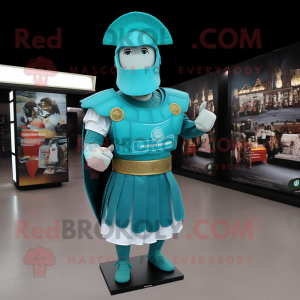 Cyan Roman Soldier mascot costume character dressed with a Empire Waist Dress and Shawl pins