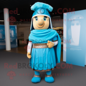 Cyan Roman Soldier mascot costume character dressed with a Empire Waist Dress and Shawl pins