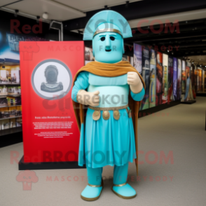 Cyan Roman Soldier mascot costume character dressed with a Empire Waist Dress and Shawl pins