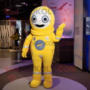 Lemon Yellow Astronaut mascot costume character dressed with a Cover-up and Lapel pins