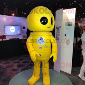 Lemon Yellow Astronaut mascot costume character dressed with a Cover-up and Lapel pins