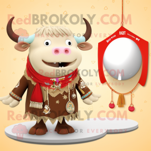 Tan Bull mascot costume character dressed with a Bikini and Shawl pins