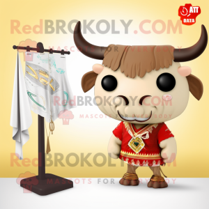 Tan Bull mascot costume character dressed with a Bikini and Shawl pins