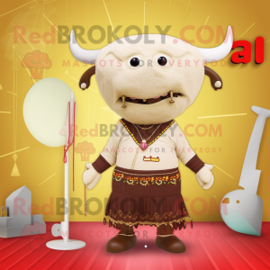 Tan Bull mascot costume character dressed with a Bikini and Shawl pins