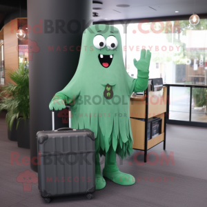 Forest Green Ghost mascot costume character dressed with a Cardigan and Briefcases
