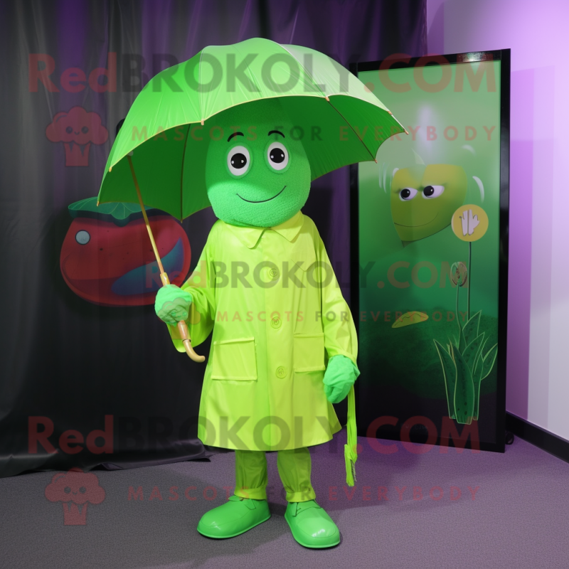 Lime Green Champagne mascot costume character dressed with a Raincoat and Tie pins Lime Green Champagne mascot costume character dressed with a Raincoat and Tie pins