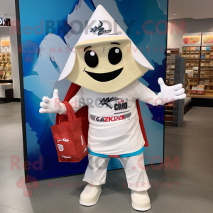 White Nachos mascot costume character dressed with a Rash Guard and Tote bags