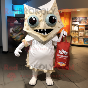 White Nachos mascot costume character dressed with a Rash Guard and Tote bags