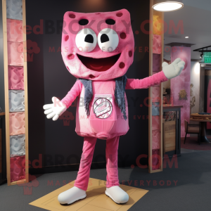 Pink Pizza mascot costume character dressed with a Denim Shorts and Scarf clips