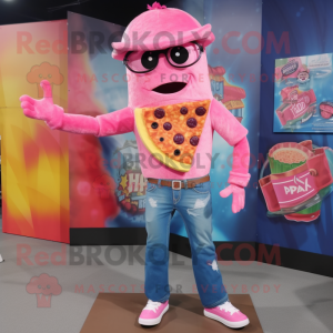 Pink Pizza mascot costume character dressed with a Denim Shorts and Scarf clips