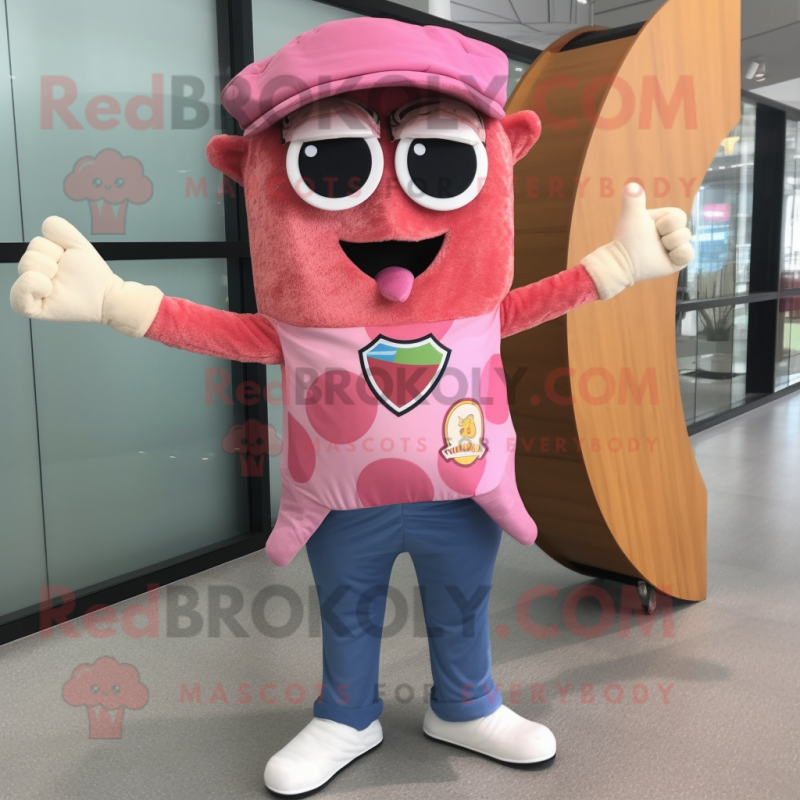 Pink Pizza mascot costume character dressed with a Denim Shorts and Scarf clips