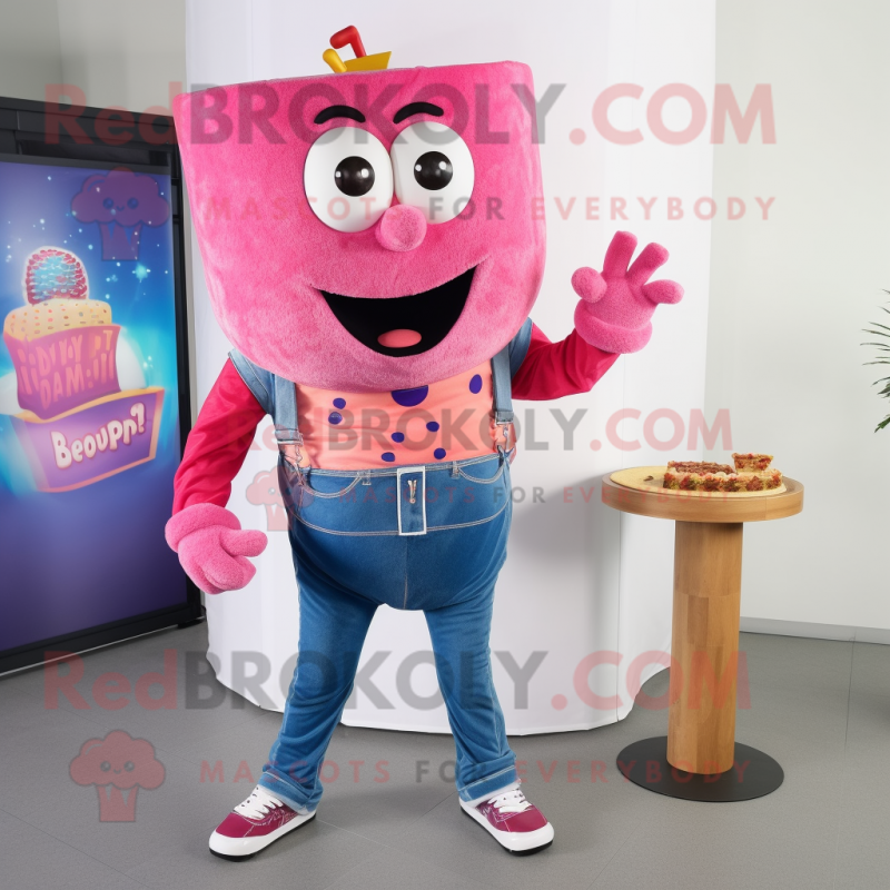 Pink Pizza mascot costume character dressed with a Denim Shorts and Scarf clips Pink Pizza mascot costume character dressed with a Denim Shorts and Scarf clips