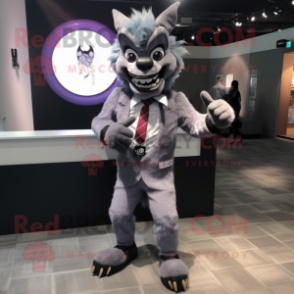 Gray Devil mascot costume character dressed with a Suit Jacket and Bracelet watches