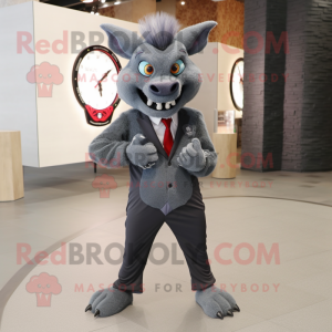 Gray Devil mascot costume character dressed with a Suit Jacket and Bracelet watches