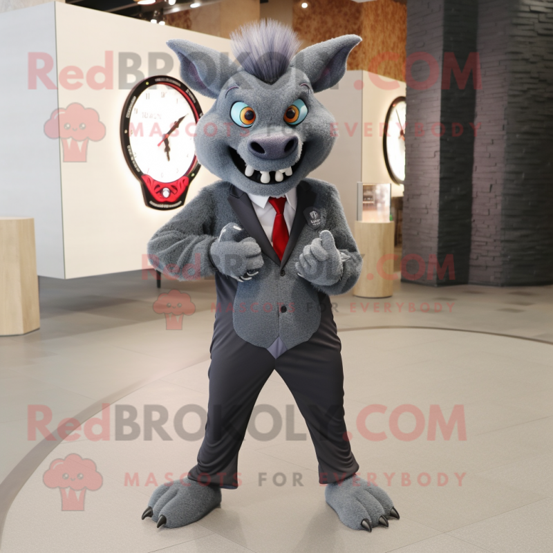 Gray Devil mascot costume character dressed with a Suit Jacket and Bracelet watches Gray Devil mascot costume character dressed with a Suit Jacket and Bracelet watches