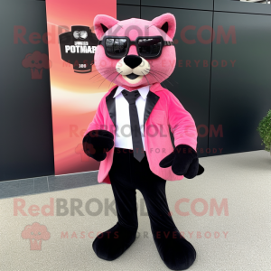 Pink Puma mascot costume character dressed with a Tuxedo and Eyeglasses