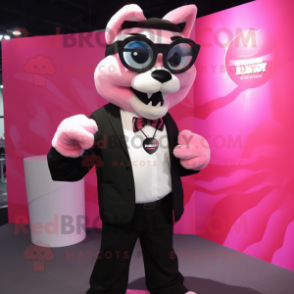 Pink Puma mascot costume character dressed with a Tuxedo and Eyeglasses