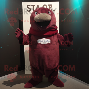 Maroon Stellar'S Sea Cow mascot costume character dressed with a Sweater and Lapel pins
