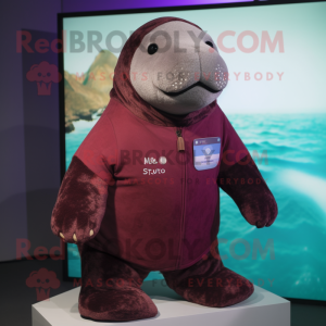 Maroon Stellar'S Sea Cow mascot costume character dressed with a Sweater and Lapel pins
