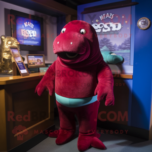 Maroon Stellar'S Sea Cow mascot costume character dressed with a Sweater and Lapel pins