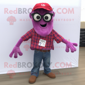 Magenta Octopus mascot costume character dressed with a Flannel Shirt and Eyeglasses