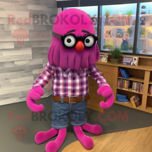 Magenta Octopus mascot costume character dressed with a Flannel Shirt and Eyeglasses