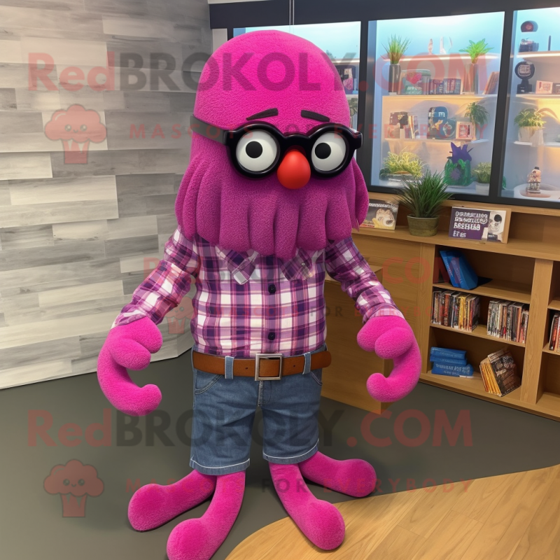 Magenta Octopus mascot costume character dressed with a Flannel Shirt and Eyeglasses Magenta Octopus mascot costume character dressed with a Flannel Shirt and Eyeglasses