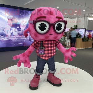 Magenta Octopus mascot costume character dressed with a Flannel Shirt and Eyeglasses