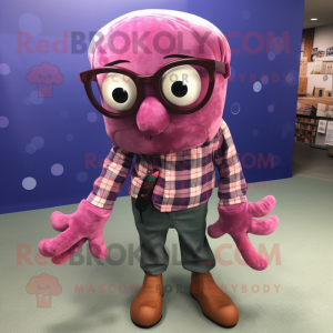 Magenta Octopus mascot costume character dressed with a Flannel Shirt and Eyeglasses