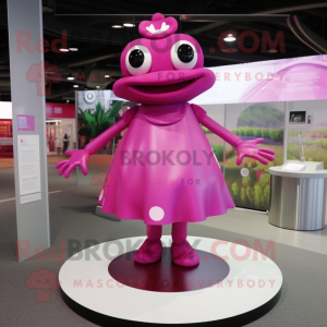 Magenta Frog mascot costume character dressed with a Circle Skirt and Hats