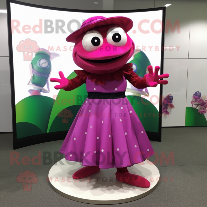 Magenta Frog mascot costume character dressed with a Circle Skirt and Hats