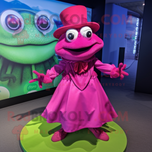 Magenta Frog mascot costume character dressed with a Circle Skirt and Hats