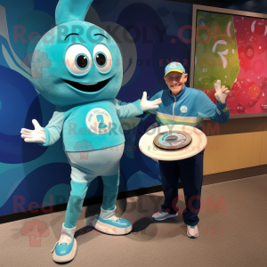 Turquoise Plate Spinner mascot costume character dressed with a Sweater and Watches