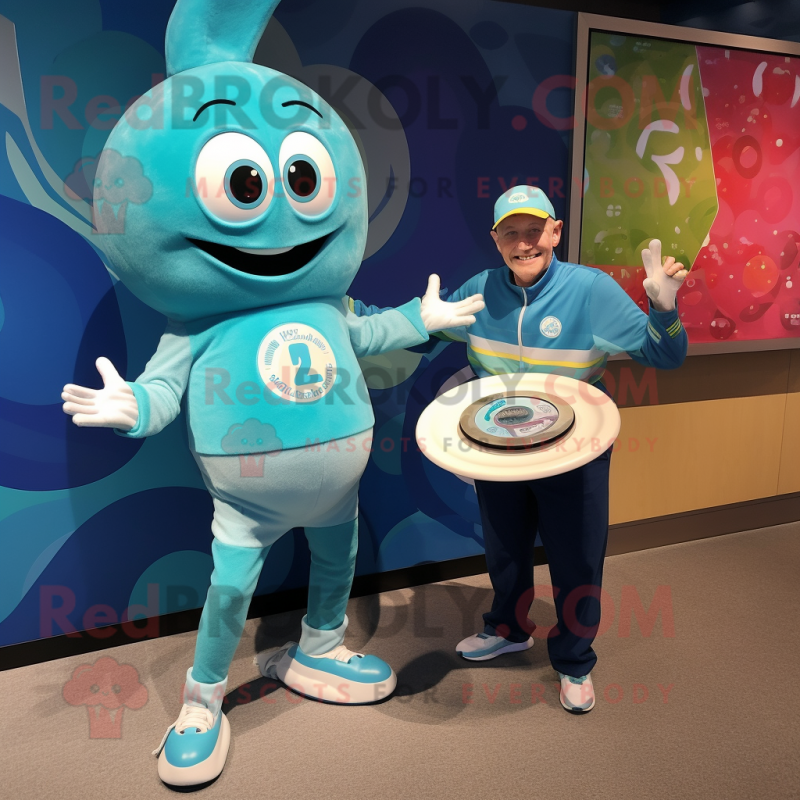 Turquoise Plate Spinner mascot costume character dressed with a Sweater and Watches Turquoise Plate Spinner mascot costume character dressed with a Sweater and Watches