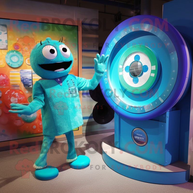 Turquoise Plate Spinner mascot costume character dressed with a Sweater and Watches Turquoise Plate Spinner mascot costume character dressed with a Sweater and Watches