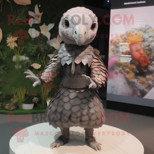 Gray Pangolin mascot costume character dressed with a Mini Dress and Cummerbunds